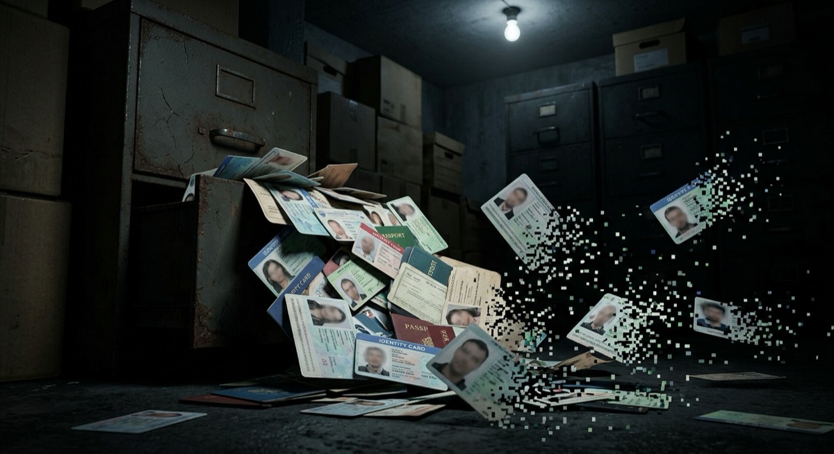 Identity documents breaking apart into fragments, representing the consequences of a data breach